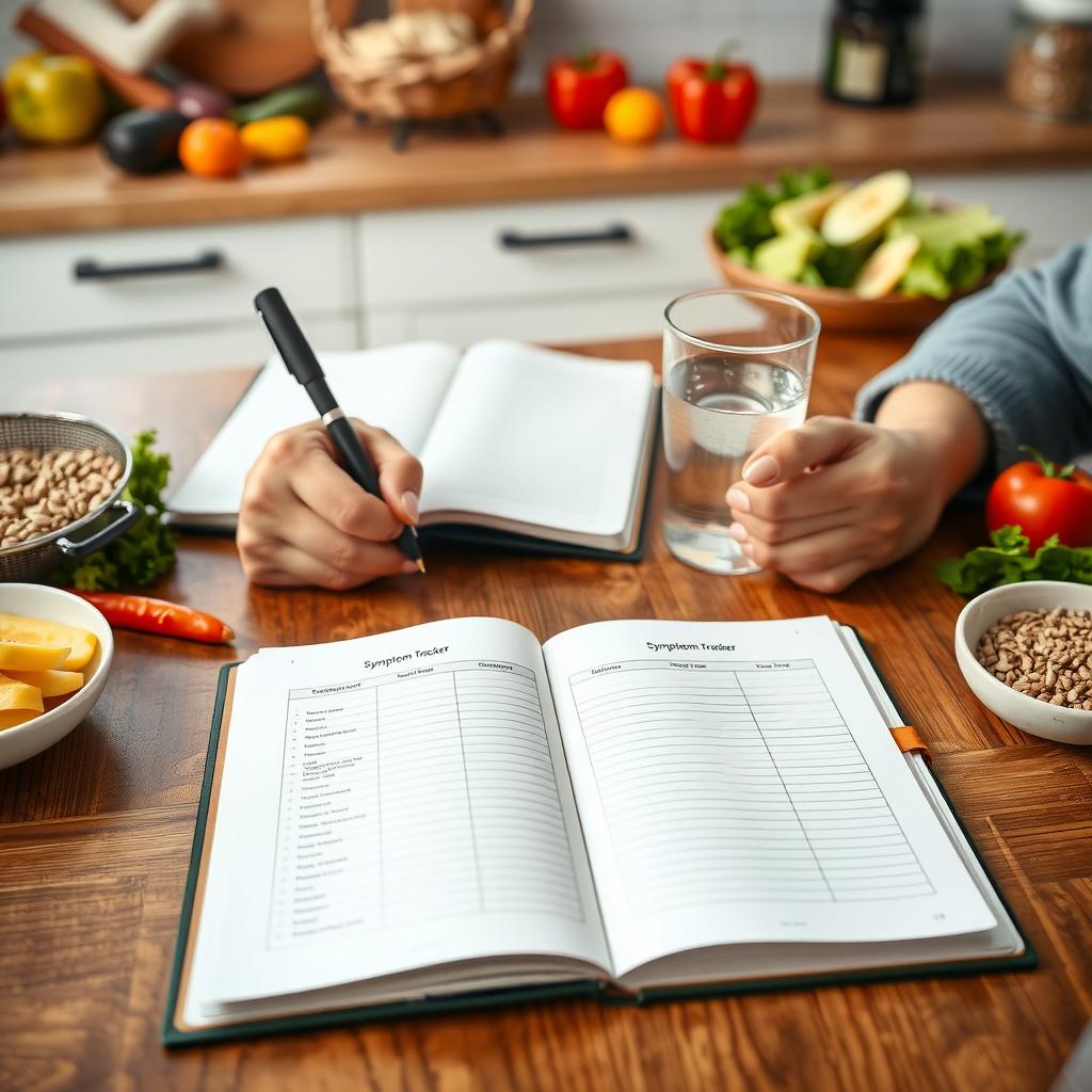 Person writing in a symptom journal at a kitchen table with healthy foods and a glass of water.