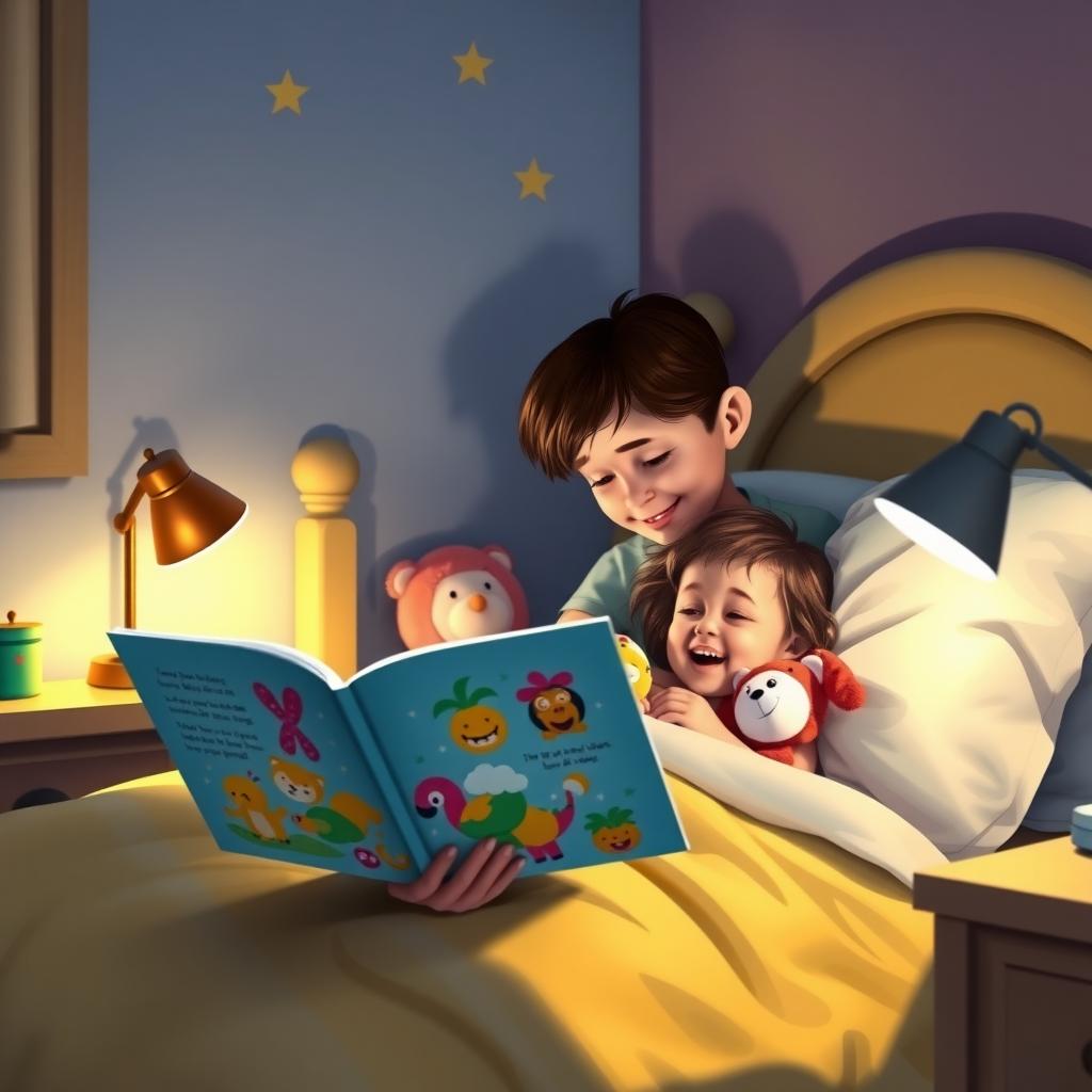 Parent reading a bedtime story to a child in a cozy bedroom