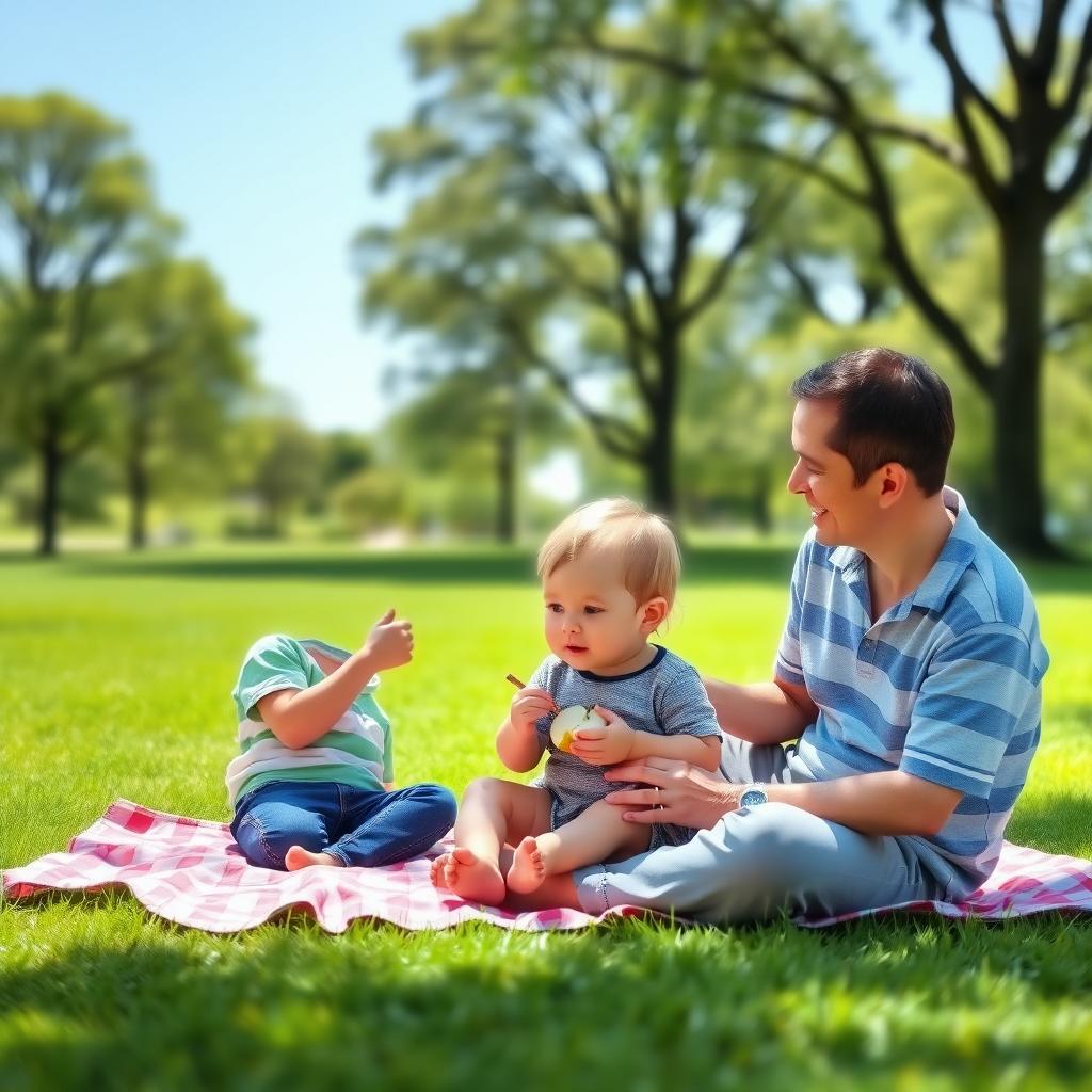 Parent and child enjoying a picnic in a serene park with safe snacks.