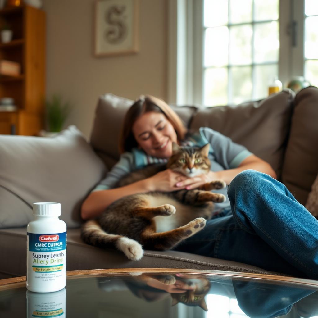 Person cuddling with a cat in a cozy living room, free of allergy symptoms