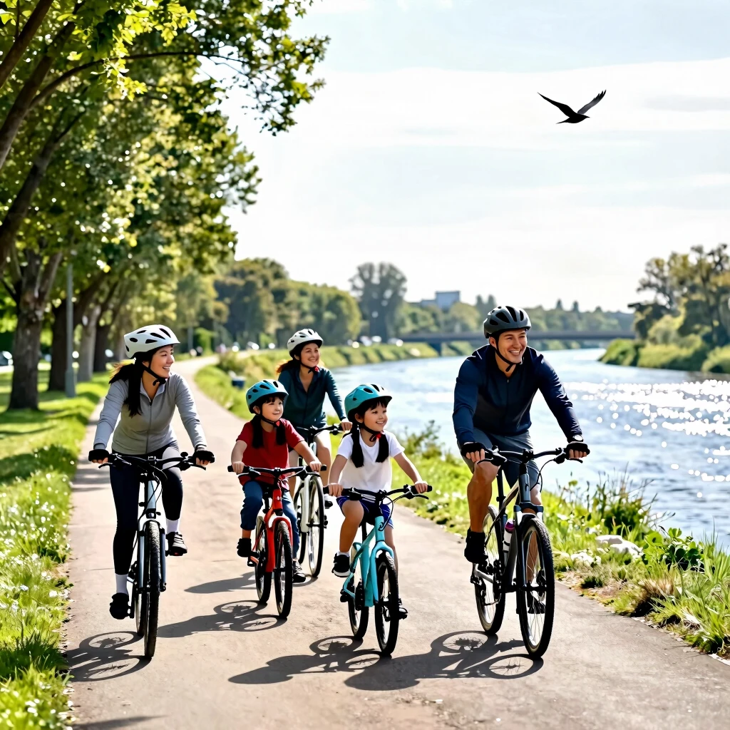 Family biking along a river path