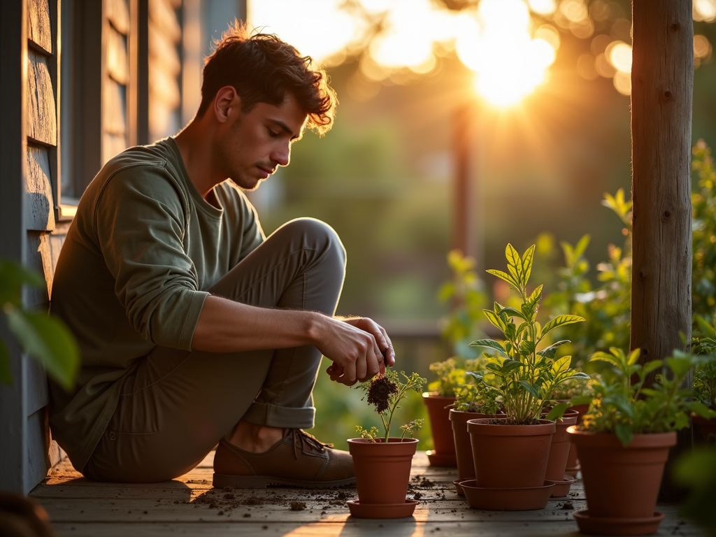 Man planting herbs on his porch