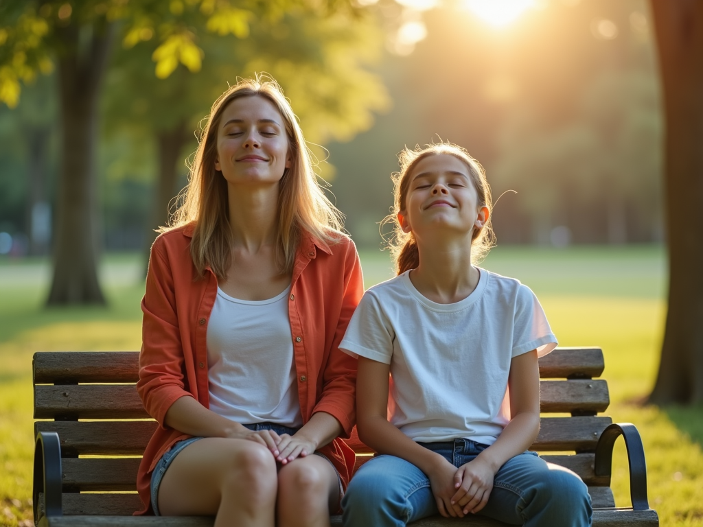 Parent and child practicing mindfulness in a peaceful park.