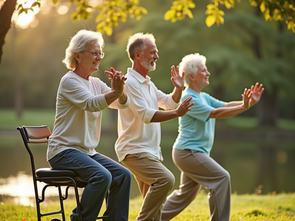 Seniors practicing Tai Chi near a pond