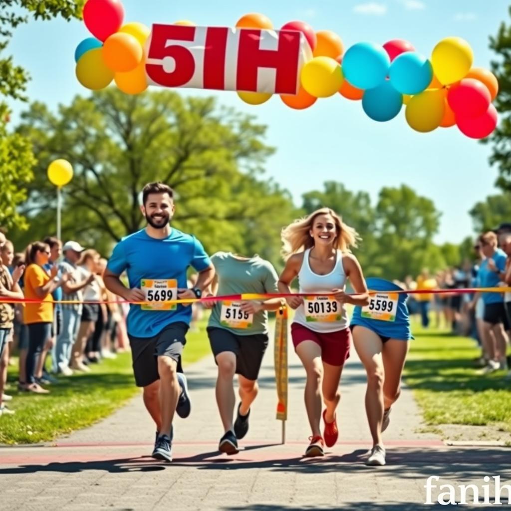 A family of four crossing the finish line of a 5K run in a park with balloons and spectators in the background.
