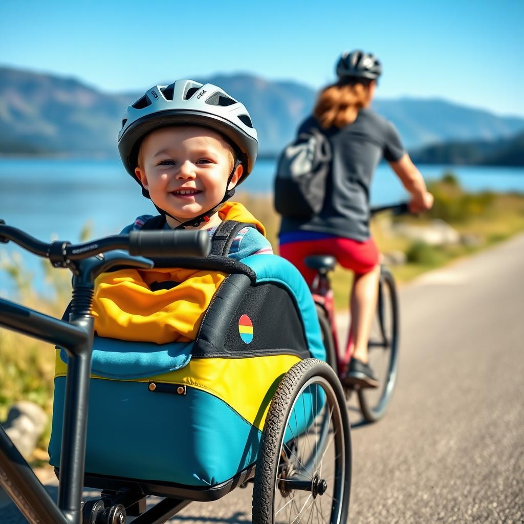 A child in a bike trailer enjoying a ride by a lakeside trail.