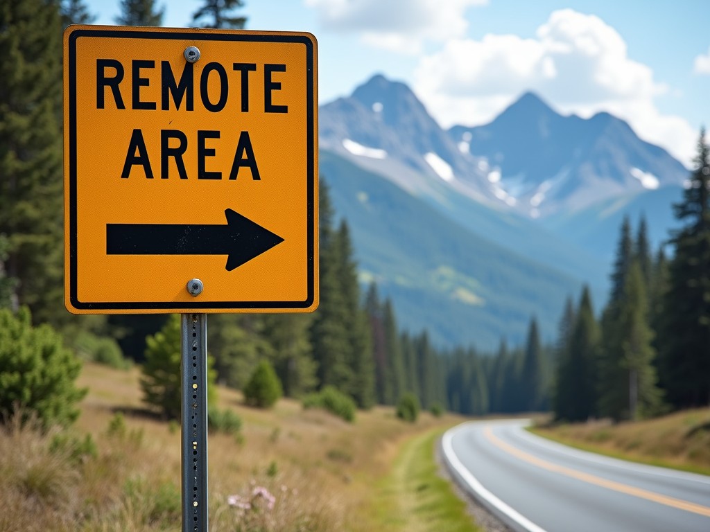 Sign showing a remote location with distance to the nearest hospital.