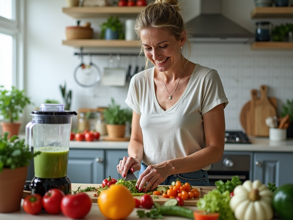 Woman preparing a healthy meal in her kitchen
