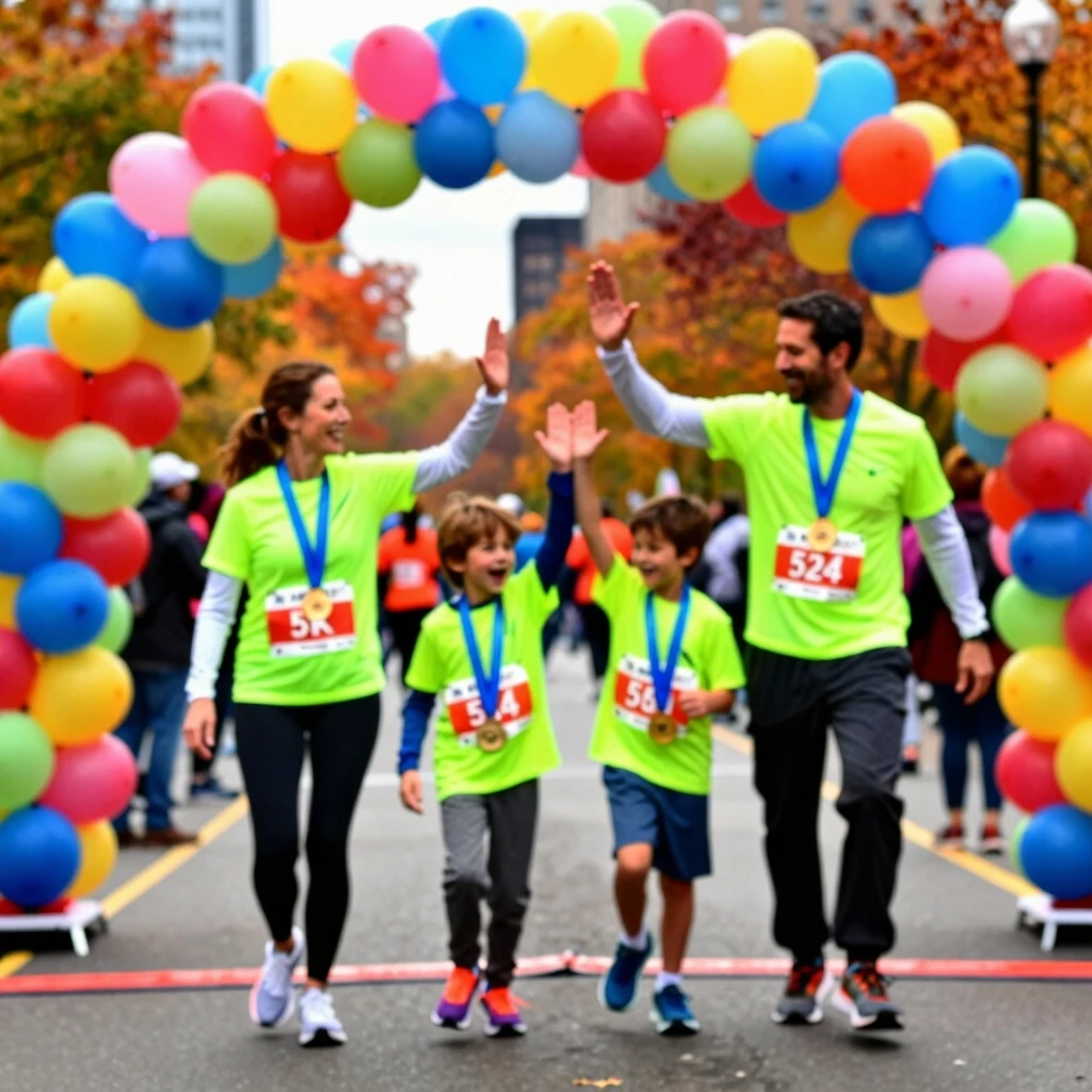 Family celebrating at the end of a 5K fun run