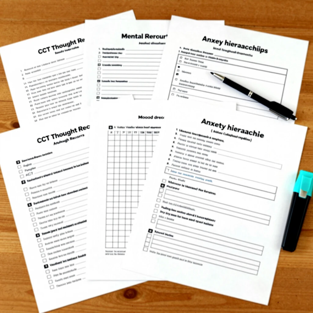 Assortment of free printable CBT and mental health worksheets on a table