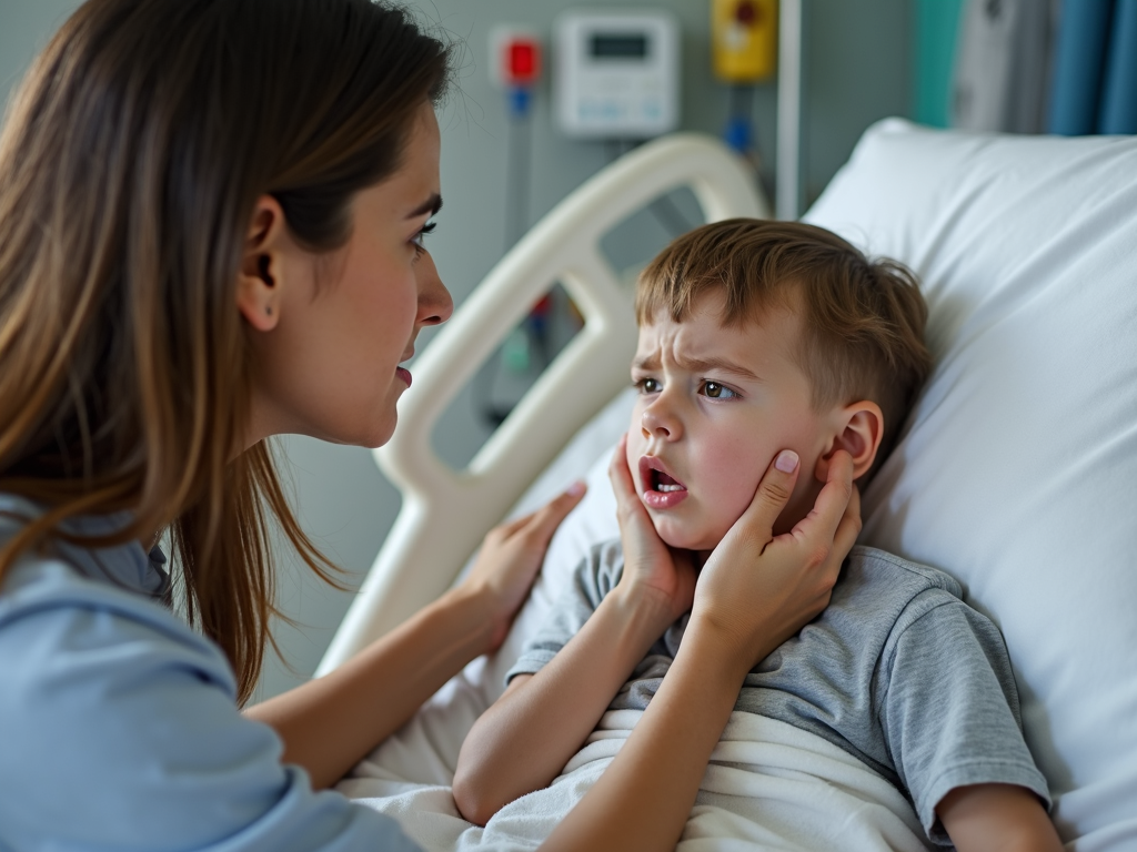 Parent comforting child in hospital