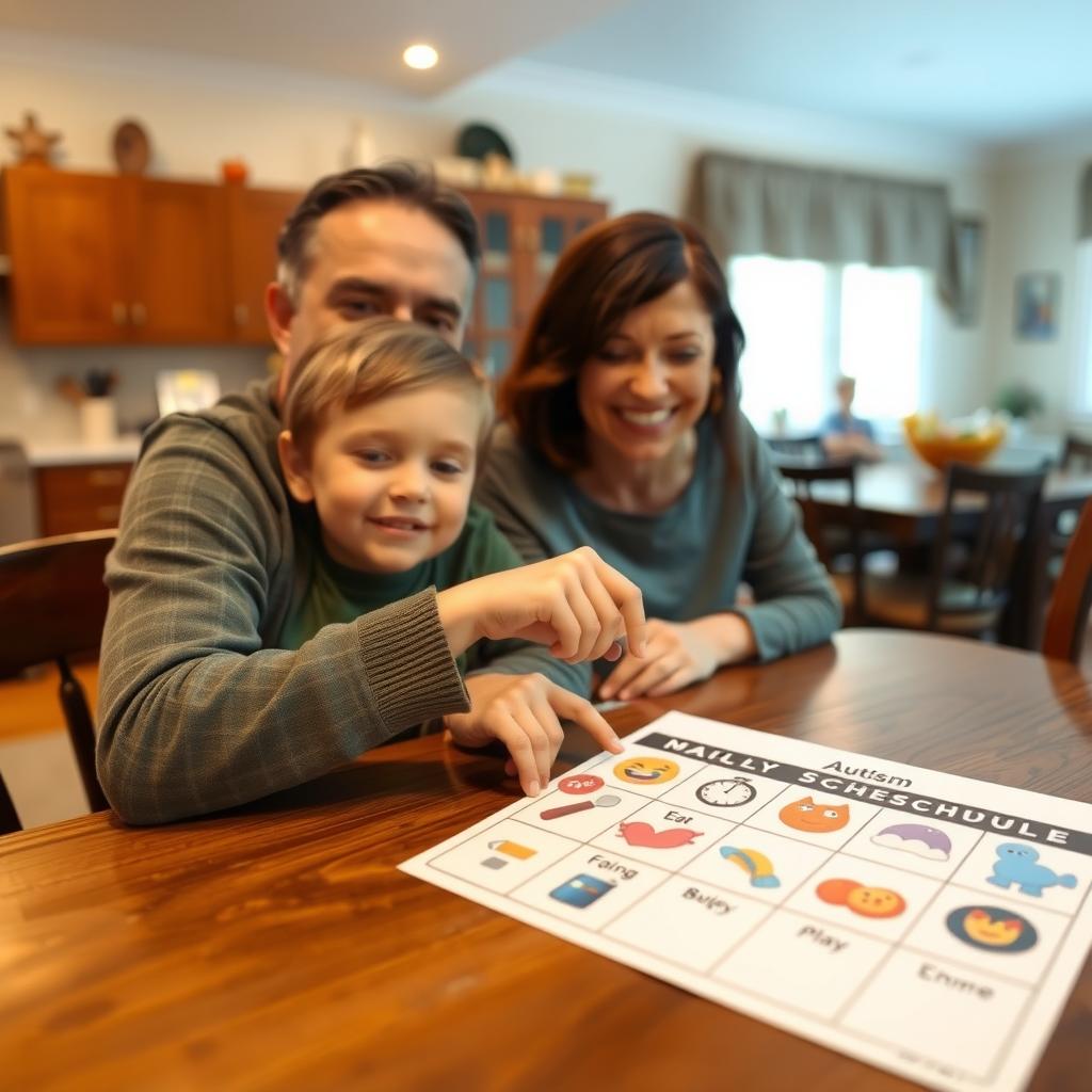 A parent and child with autism review a visual schedule at a kitchen table, placing a sticker on a completed task.