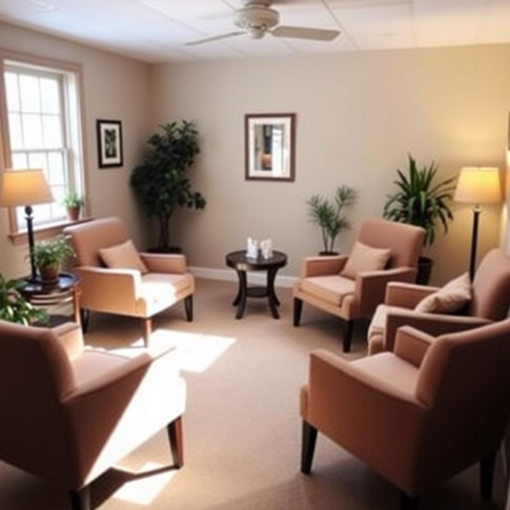 Cozy therapy office with chairs in a circle and potted plants