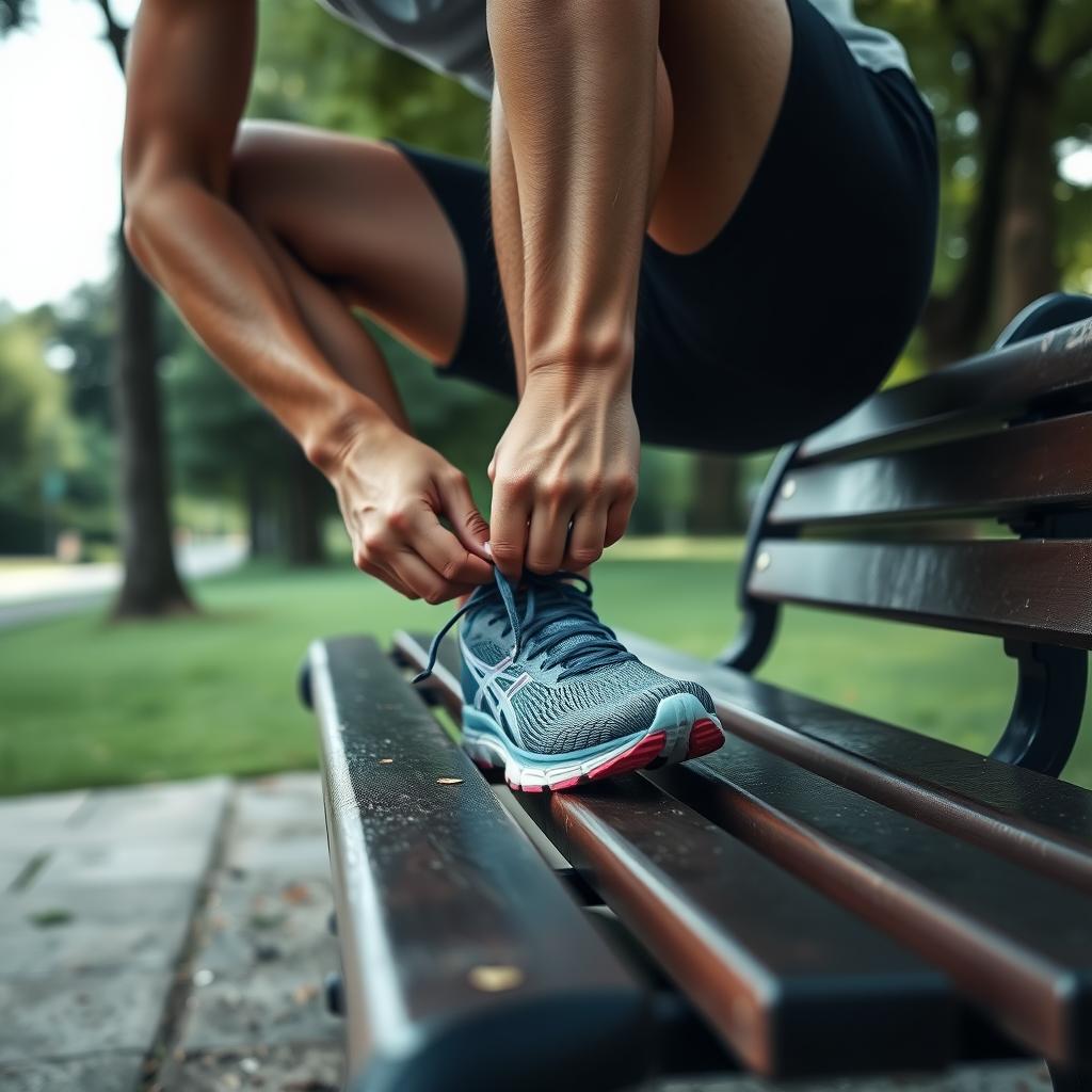 Runner preparing for a run by adjusting their shoes in a park.