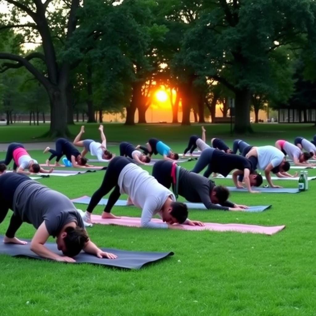 People practicing downward dog during an outdoor yoga session in a park at sunrise.
