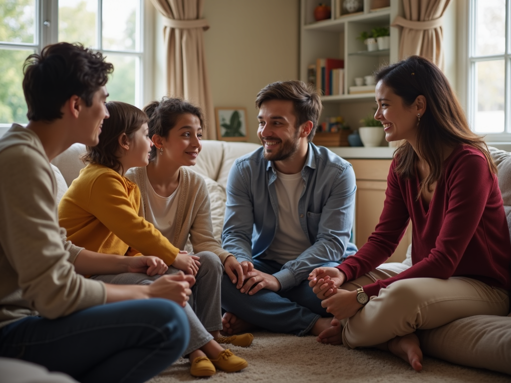 Family therapy session with therapist and family members