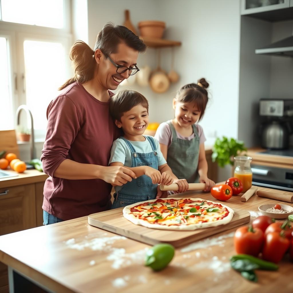 A family of three prepares homemade pizza in a bright kitchen, surrounded by fresh ingredients.