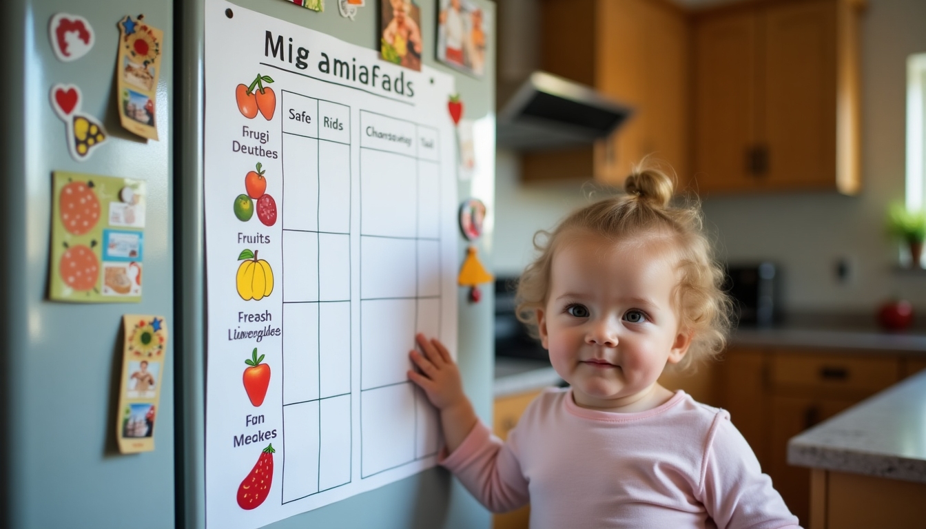 A meal plan chart for a toddler with acute FPIES, displayed on a refrigerator.