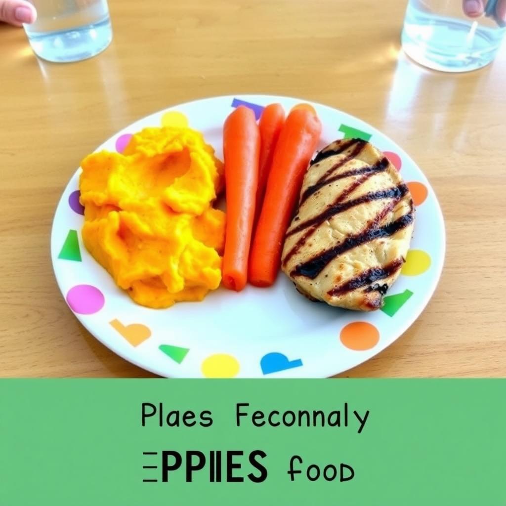 A plate of FPIES-friendly food for a child, featuring mashed sweet potatoes, carrots, and chicken.
