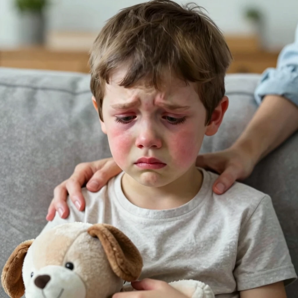 Child experiencing symptoms of acute FPIES, comforted by parent