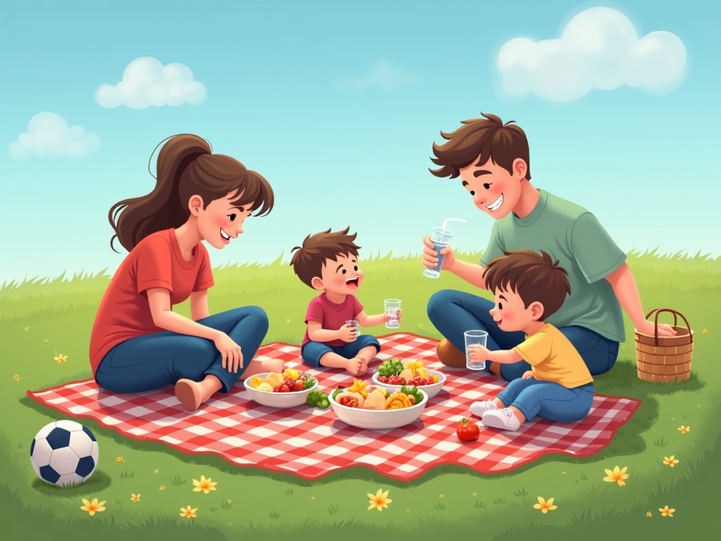 A family enjoying a healthy picnic outdoors.