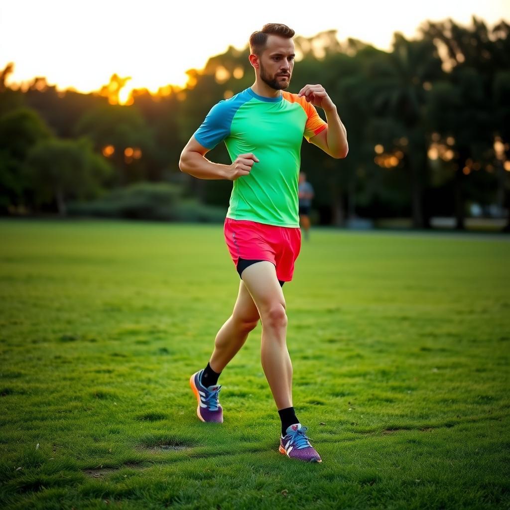Runner stretching in colorful gear on a grassy field at sunrise in a serene park
