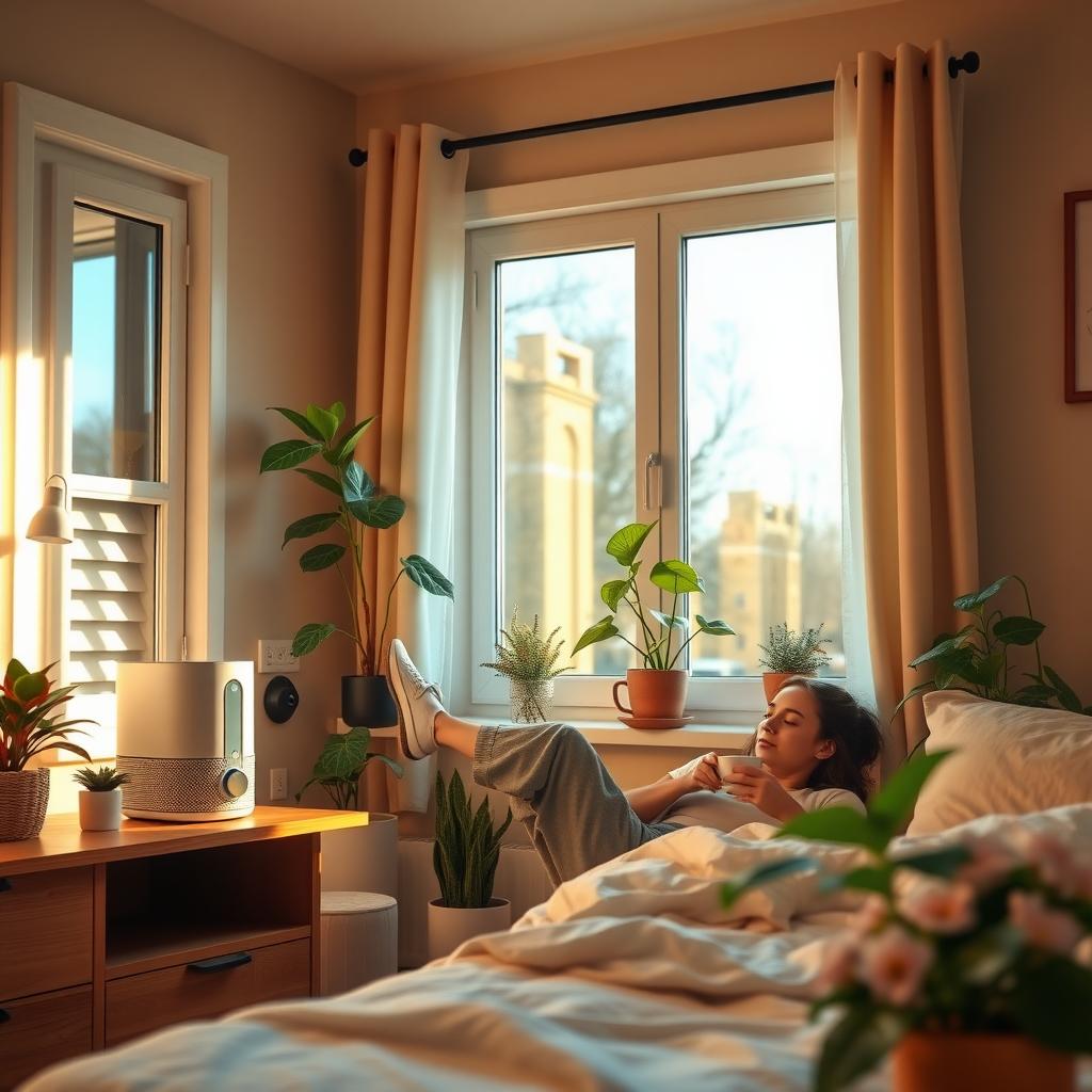 Cozy bedroom with a HEPA air purifier and a person relaxing with herbal tea.