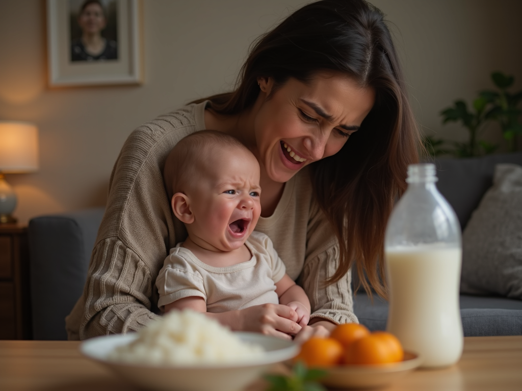Parent comforting a crying baby, showing the stress of an FPIES reaction at home.