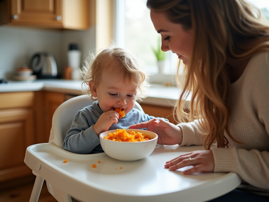 Toddler eating a safe meal with parent support
