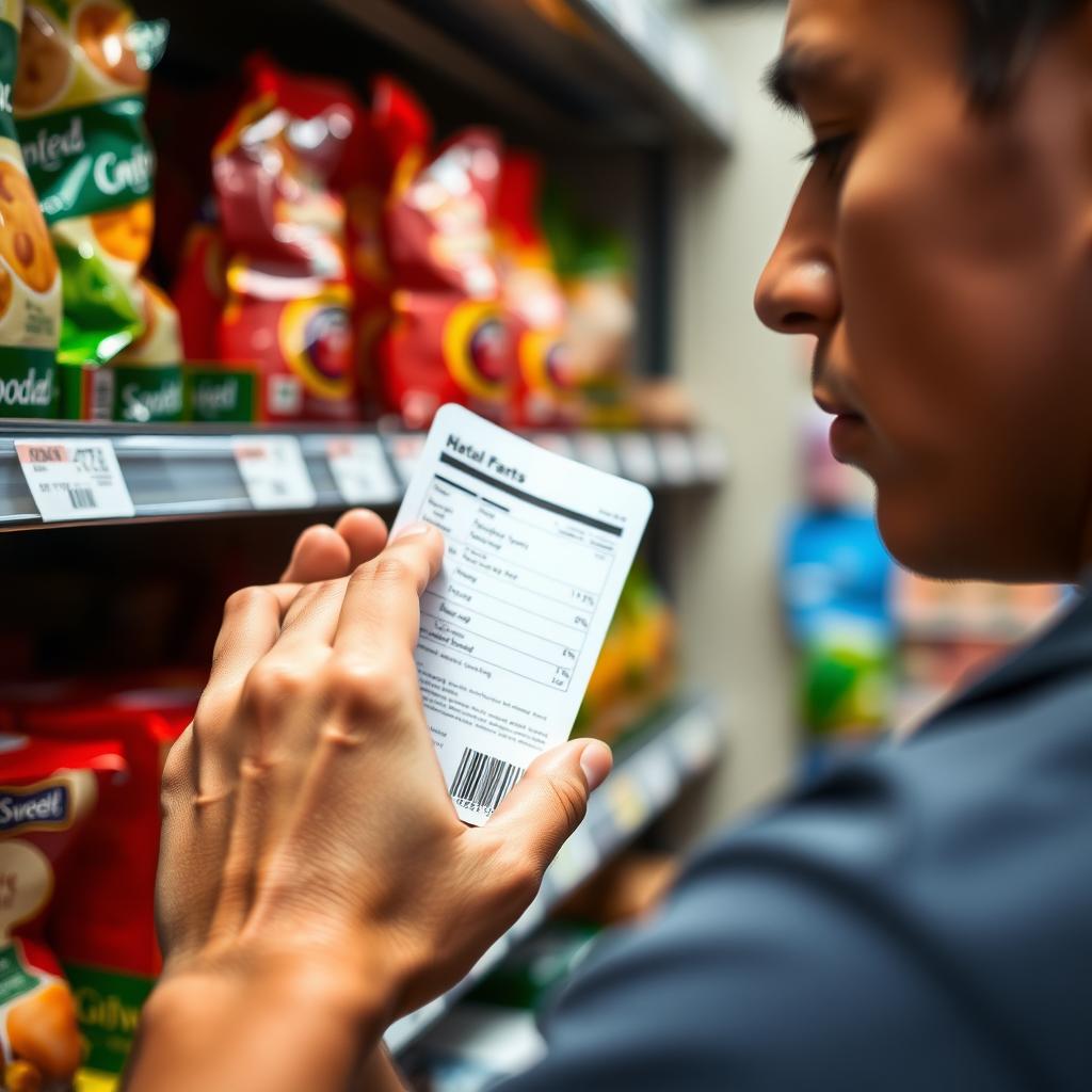 Person reading a food label in a grocery store aisle.