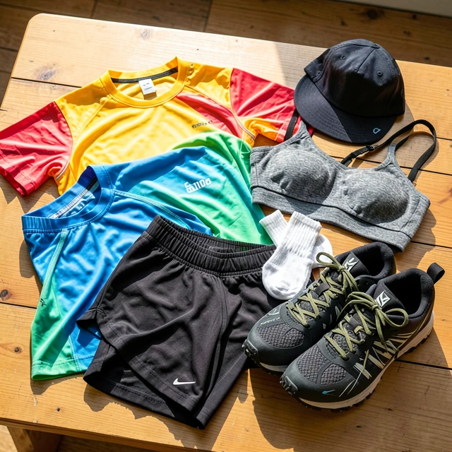 Essential running apparel items laid out on a table