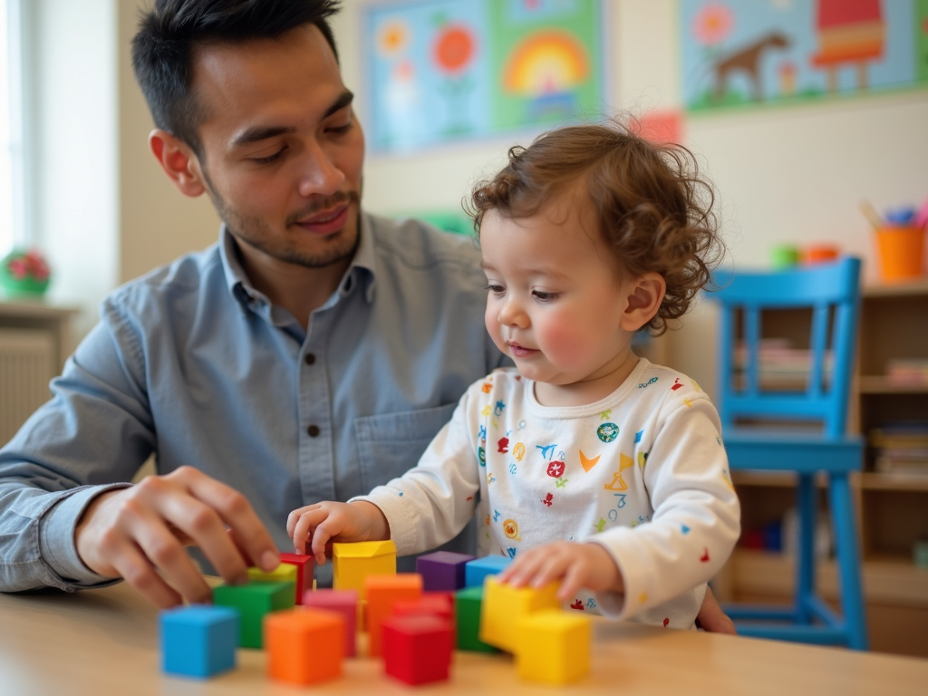 A therapist engages a young child in play-based behavioral therapy, fostering early developmental skills.