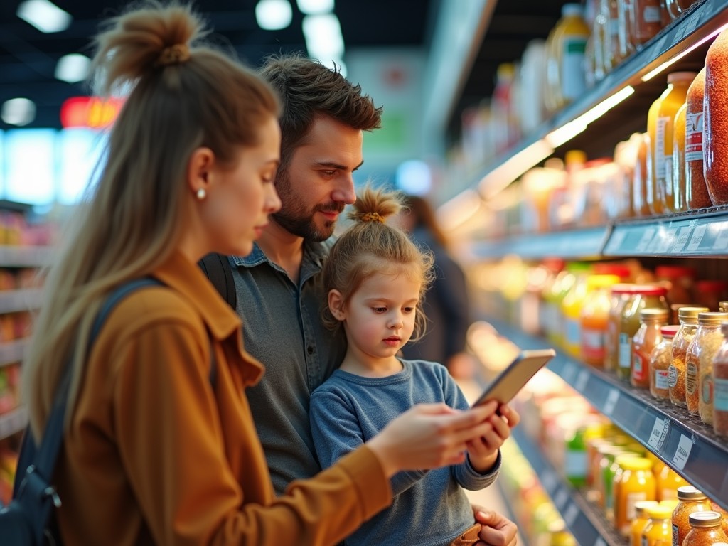 Parents reading food labels in a grocery store.