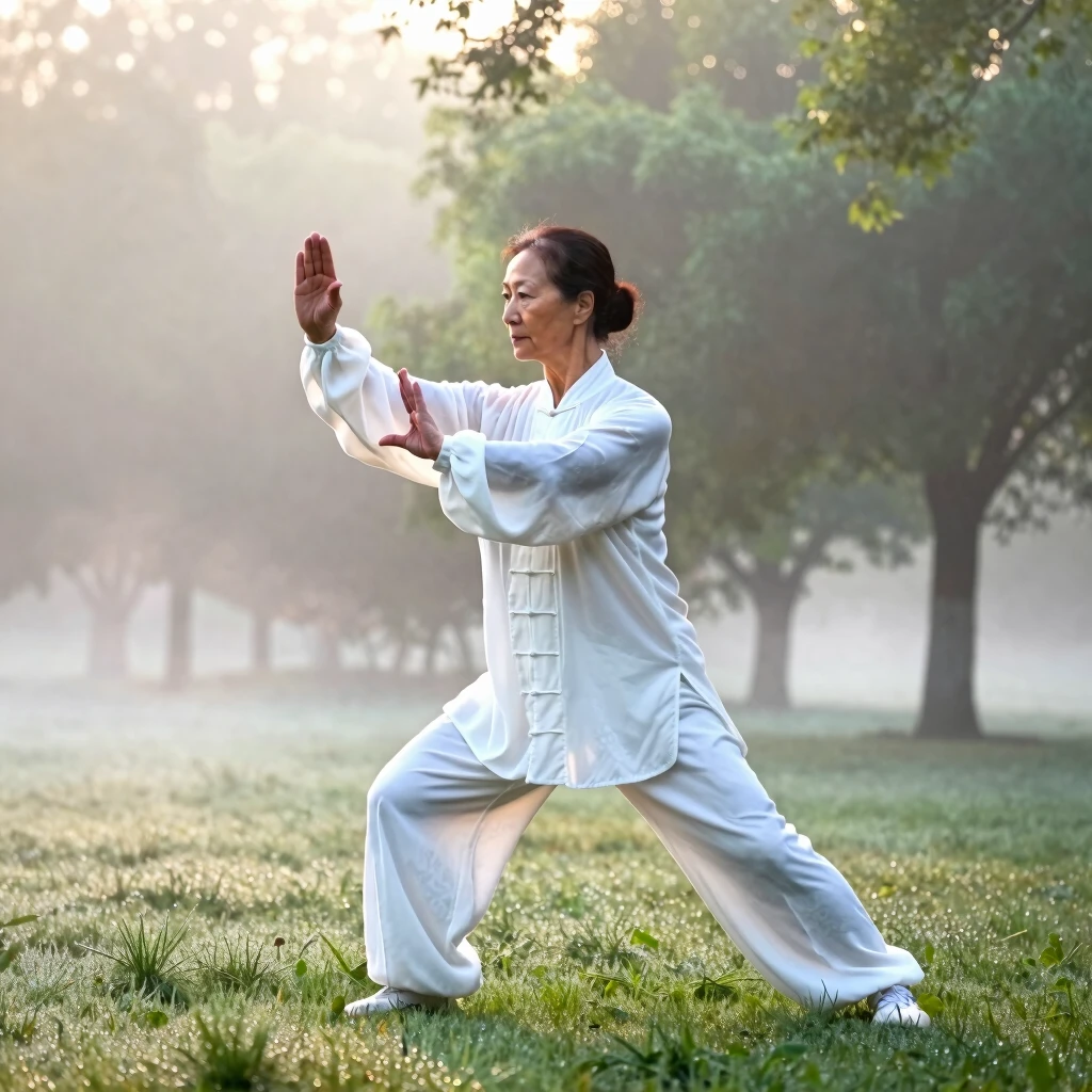 Woman practicing Tai Chi in a peaceful park at dawn