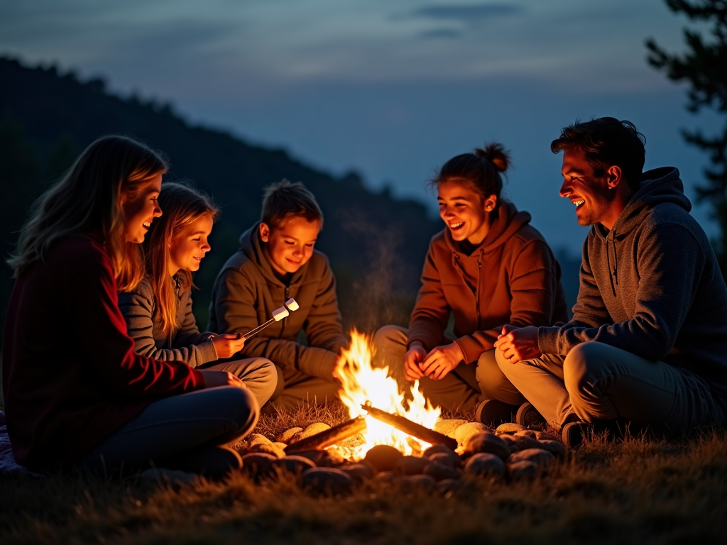 A family roasting marshmallows around a campfire.