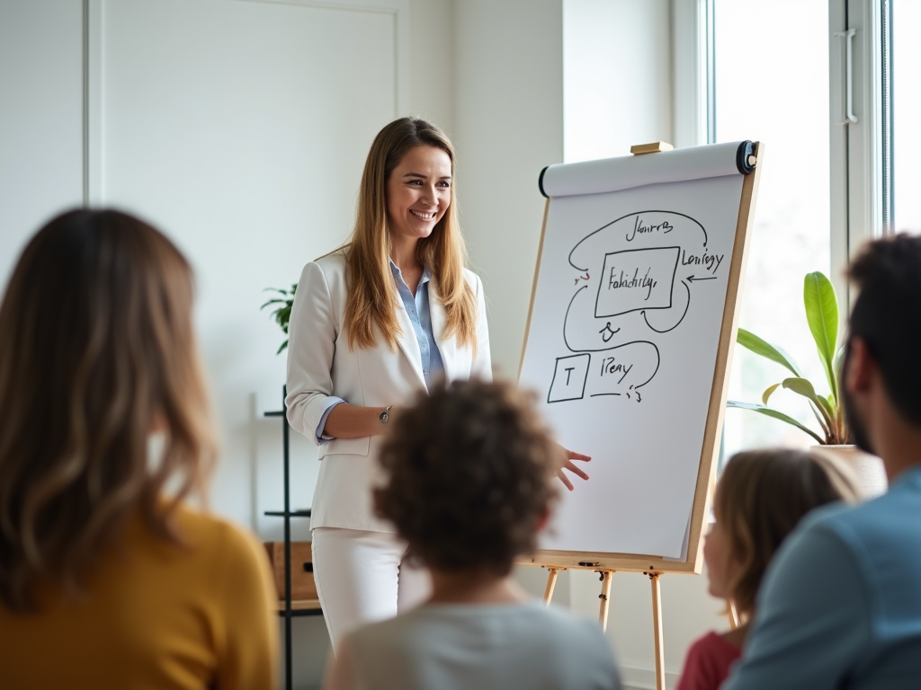 A therapist teaching a family in a session.