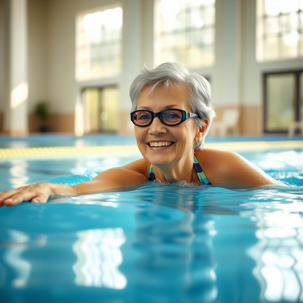 Senior woman swimming freestyle in a bright indoor pool