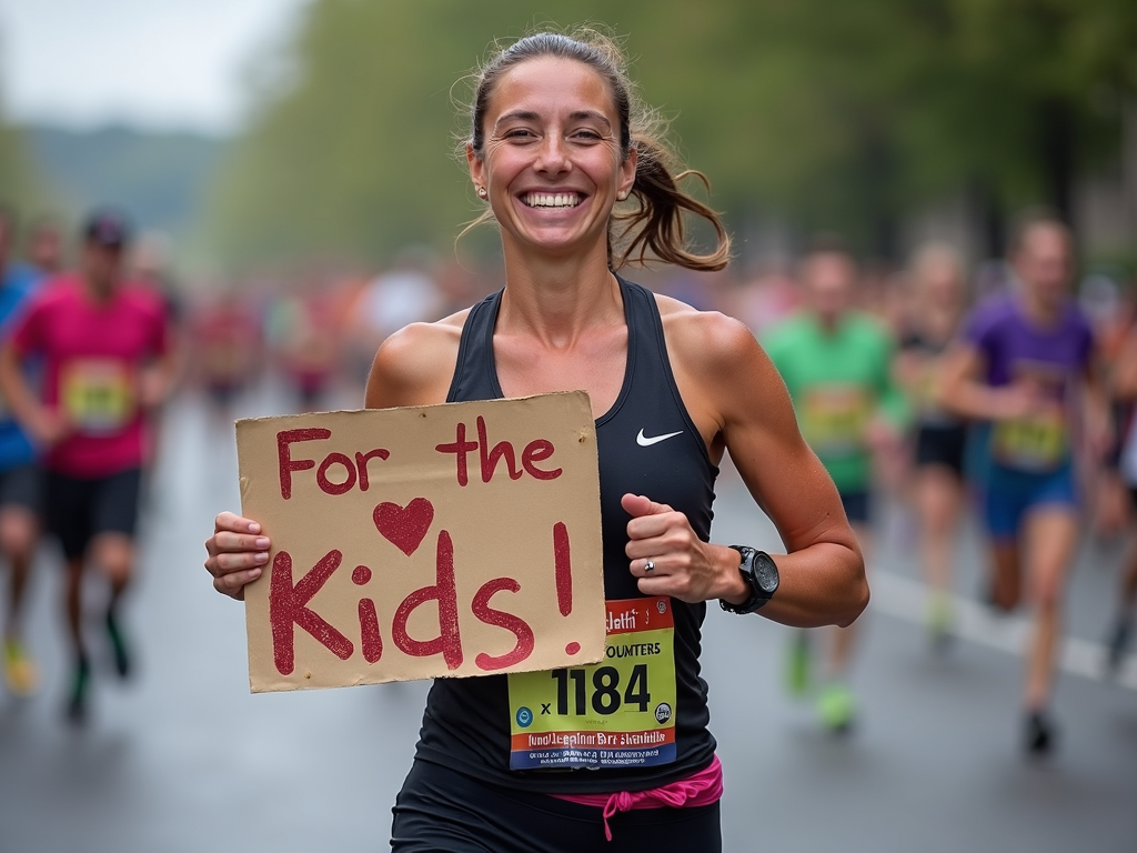 Runner with a charity sign nearing the finish