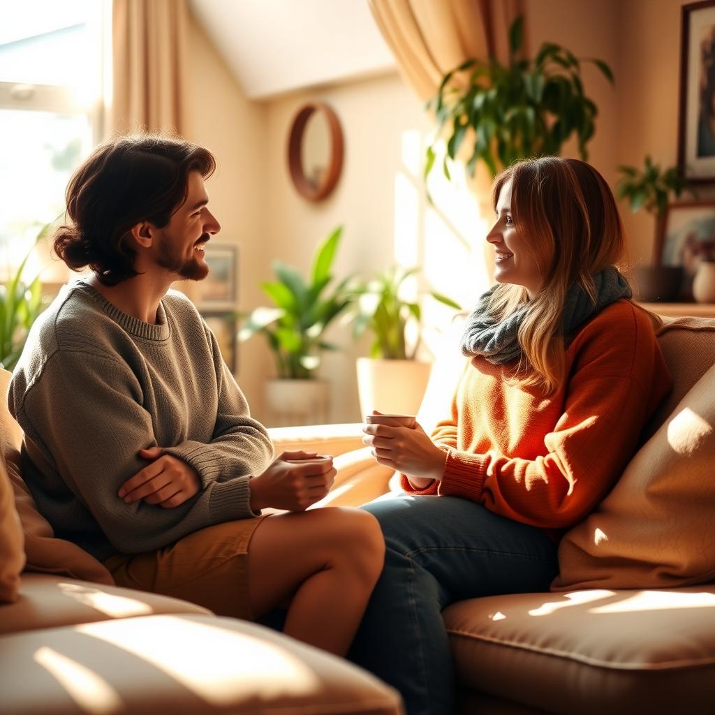 A person and a friend talking warmly on a couch in a cozy living room.