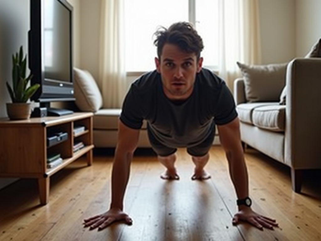 Person doing a burpee in a small living space