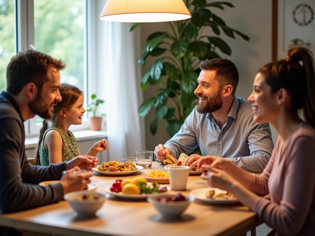 A family enjoying a meal together, managing FPIES through careful food selection.
