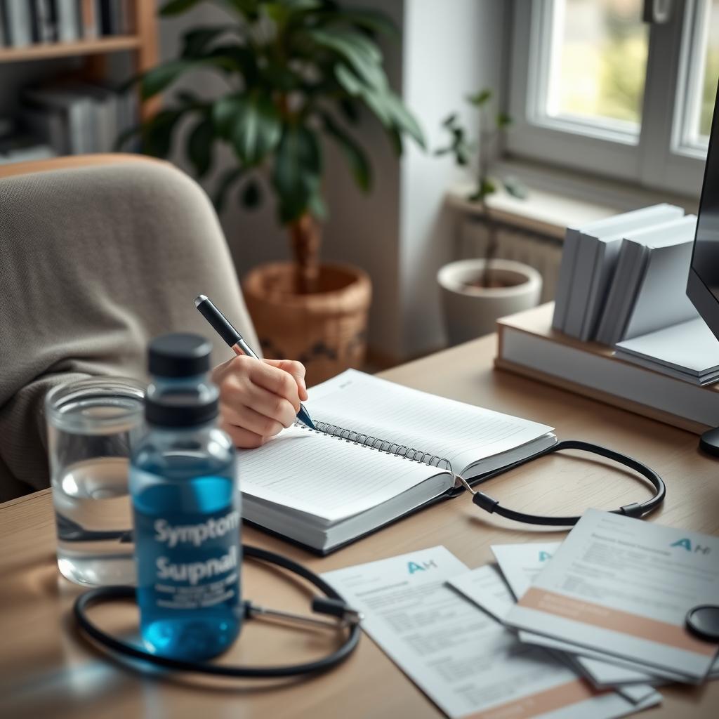 Person tracking symptoms in a journal at a desk