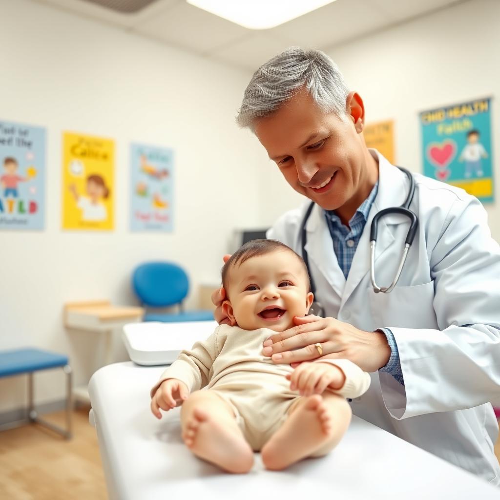 Pediatrician examining a smiling infant in a modern clinic