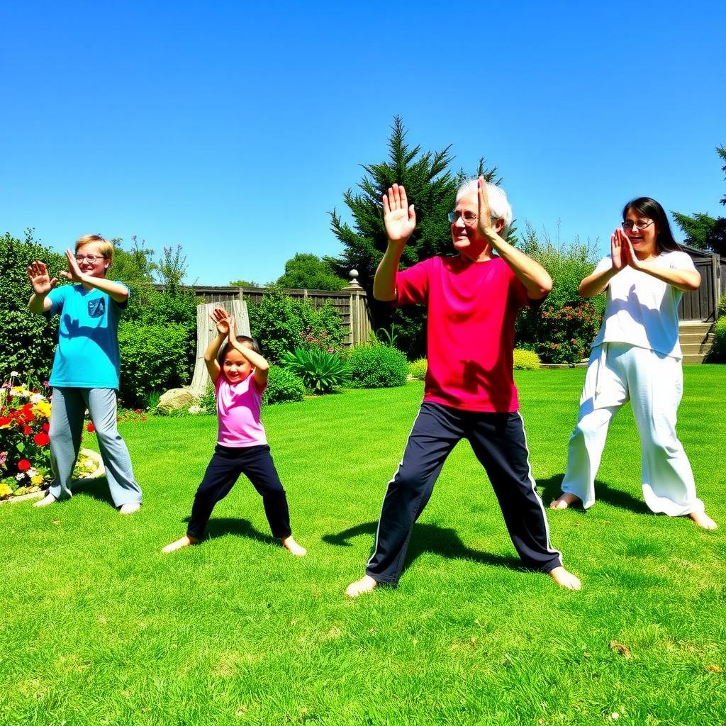 Family practicing Tai Chi outdoors