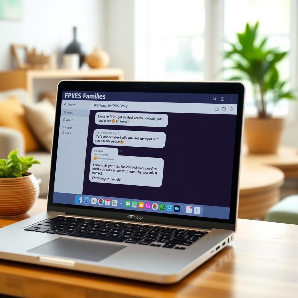 Laptop showing an online FPIES support group chat in a cozy living room.
