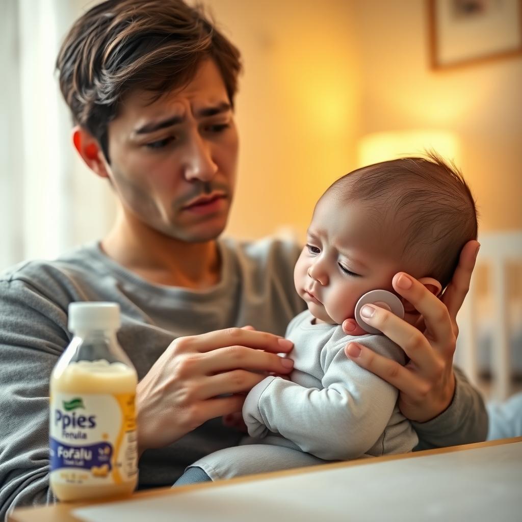 Parent holding a pale infant in a nursery with a bottle of hypoallergenic formula on a table
