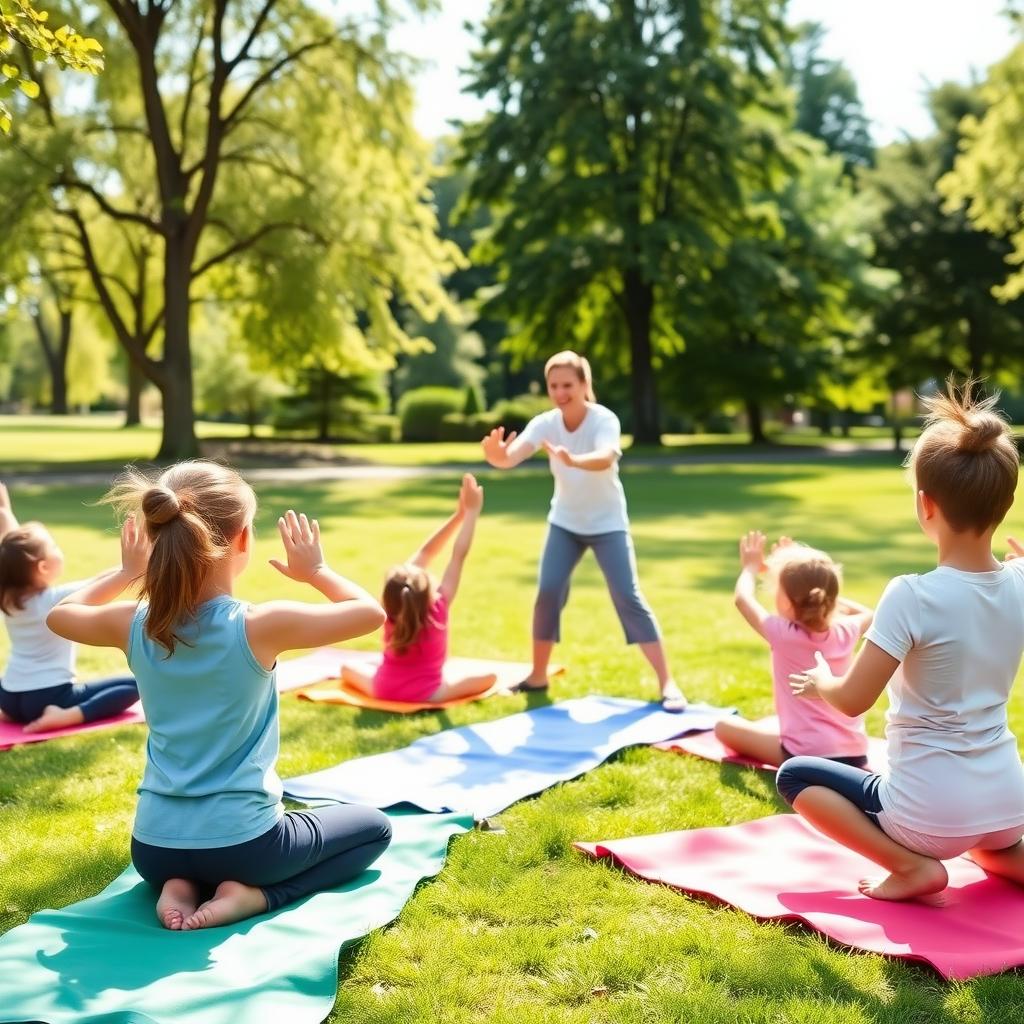 Children practicing yoga with an instructor in a sunny park, performing poses on colorful mats.