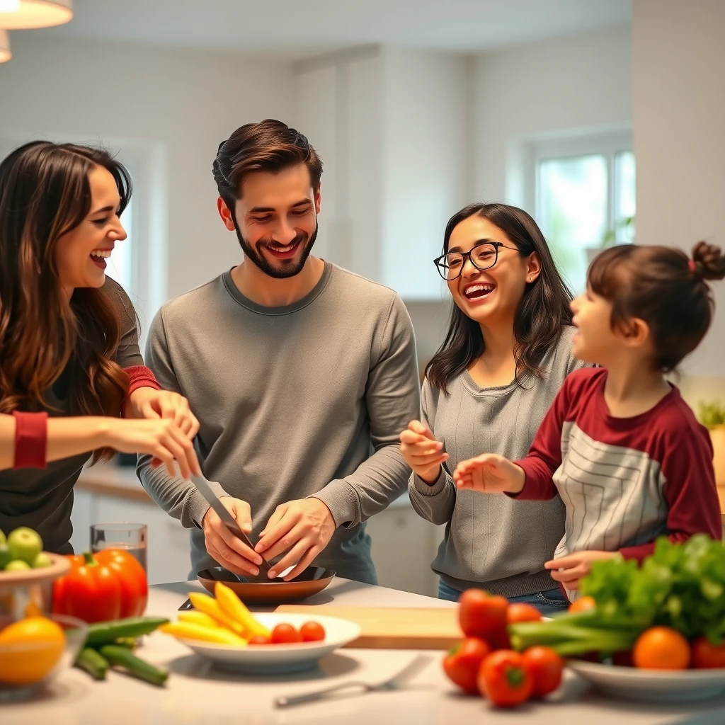 Happy family cooking together in kitchen