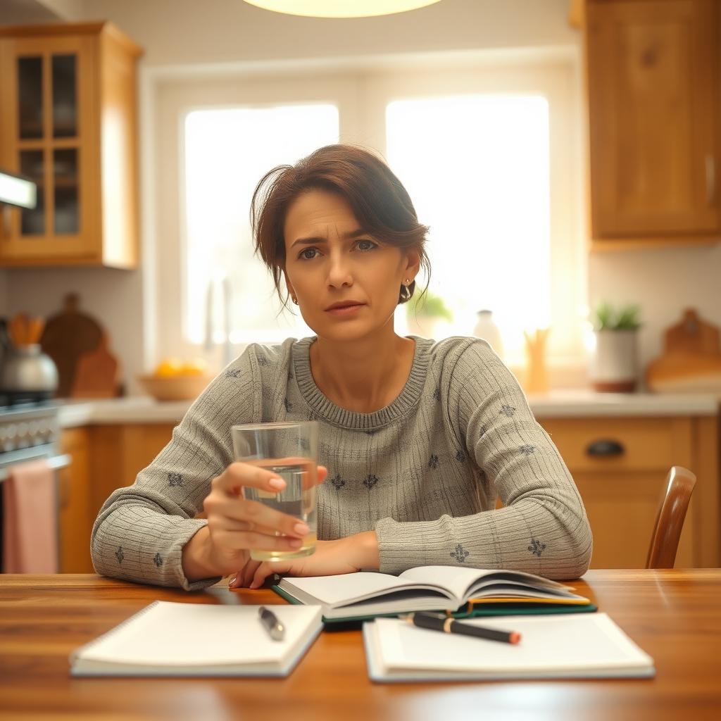 Person sitting at a kitchen table with a food diary, reflecting on chronic vomiting symptoms.