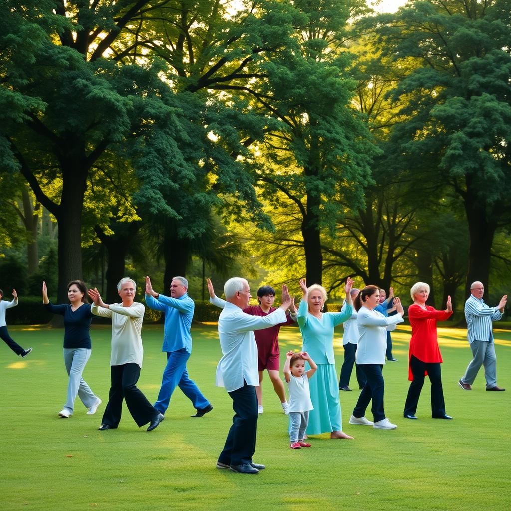 A group of people practicing Tai Chi in a peaceful park at sunrise, surrounded by green trees and soft light.